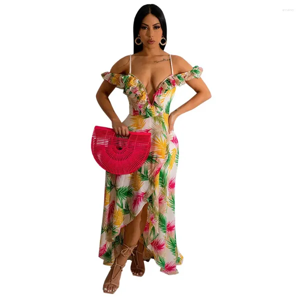 Casual Kleider Cutubly Elegante Sexy V-ausschnitt Sling Unregelmäßigen Druck Boden Kleid frauen Vintage 2023 Urlaub Sommer Strand Meer Röcke