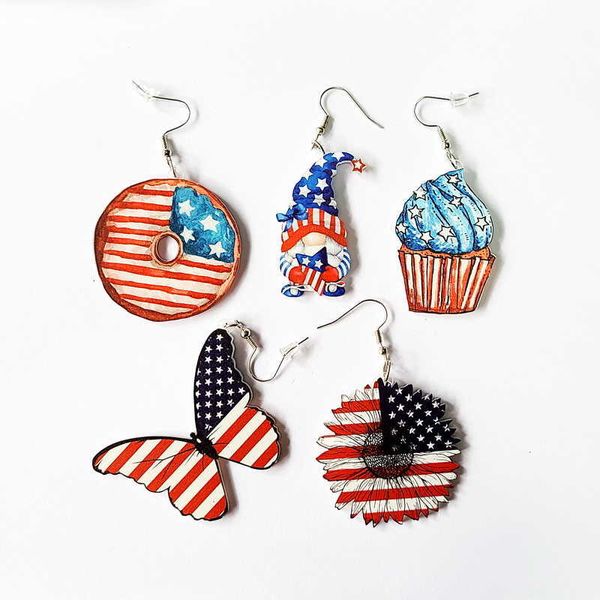 Dangle Chandelier 2021 Atacado American Independence Day Brincos Tingidos Girassol Donut Bandeira Festival Borboleta Mel Anão Boneca Brincos Z0411