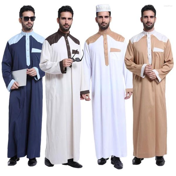 Ethnische Kleidung Herbst Muslimische Männer Jubba Thobe Langes Kleid Kimono Robe Saudi Musulman Stehkragen Abaya Kaftan Islam Dubai Arabische Kleider