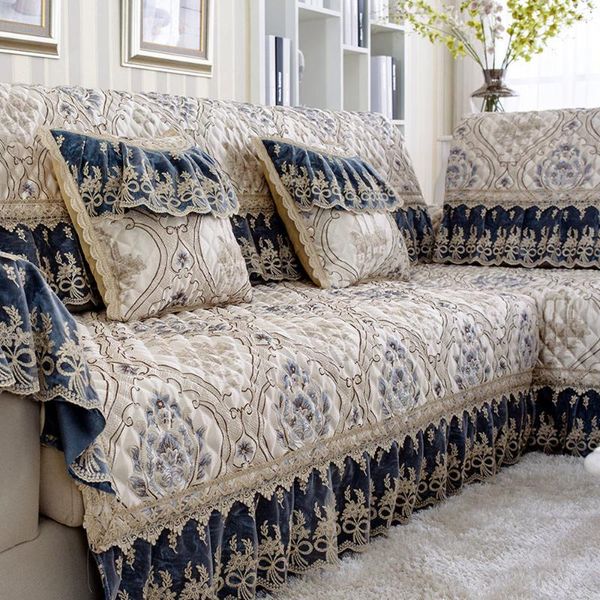 Coprisedie Copridivano Royal di lusso Fodera in cotone e lino Asciugamano jacquard blu Cuscino antiscivolo Federa per schienale Kit combinato C3