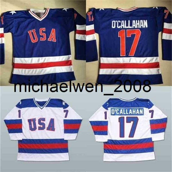 Weng # 17 Jack O'Callahan 1980 Miracle On Maglia da hockey su ghiaccio Uomo 100% ricamo cucito S Team USA Maglie da hockey Blu Bianco