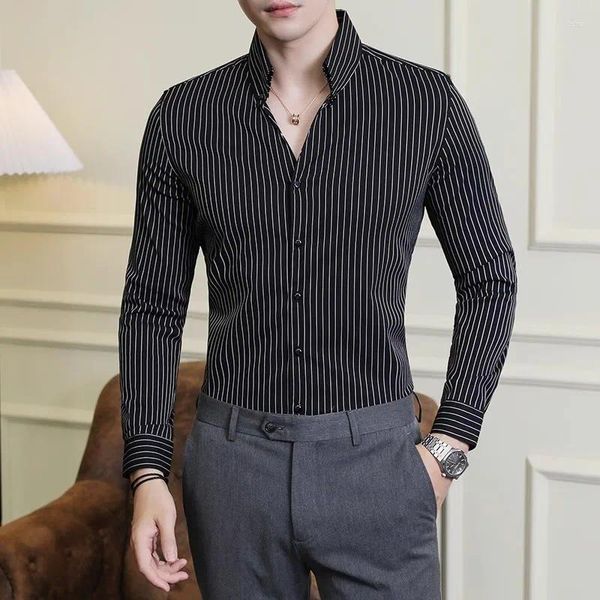 Camisas casuais masculinas plus size camisa listrada com decote em v homens streetwear manga comprida negócios vestido masculino marca slim fit roupas masculinas coreanas