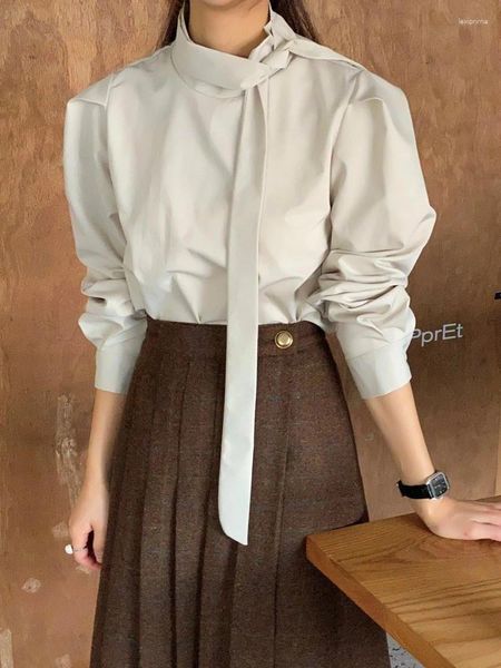 Camicette da donna Camicia con maniche a sbuffo autunnale stile coreano per donna 2023 Chic Mezza collo alto con lacci Tinta unita Vintage Casual Blusas