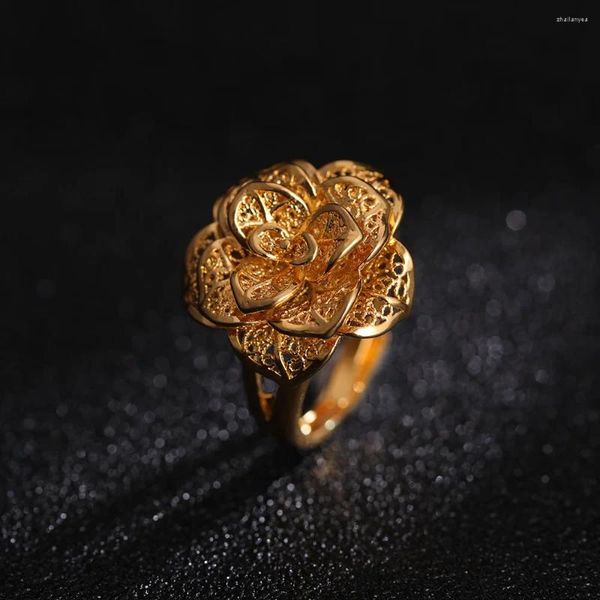 Cluster Anéis Cor de Ouro Cheio Grande Anel de Flor Oco Ajustável para a Festa de Casamento da Mulher Declaração Charme Moda Jóias Acessórios