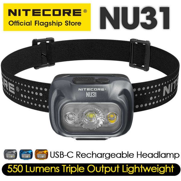Lâmpadas de cabeça Nitecore nu31 USB-C faróis recarregáveis ​​550 Lumen Trail, executando a luz do farol de trekking, luz de farol da bateria de íons de lítio P230411