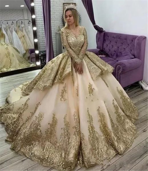 Ballkleid-Quinceanera-Kleider der Prinzessin-Champagne, die Kleid-lange Hülsen-Festzug-Kleider des Bonbon-16 bördeln, vestidos de 15 anos