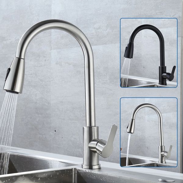 Küchenarmaturen Wasserhahn herausziehbarer Wasserhahn 2-Funktions-Strahlsprüher Einhand-304-Edelstahl-Spülbecken-Kaltwasser-Mischbatterien 230411