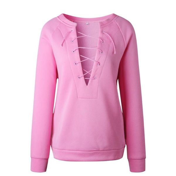 Felpe Lace Up Magliette e camicette 2024 Autunno Donne Sexy Moda Felpa Occhiello Lace-up Profondo Scollo A V Manica Lunga Senza Cappuccio Pullover