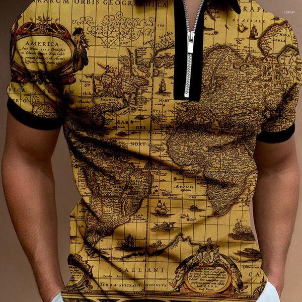 Herren T-Shirts Poloshirt Herren Vintage The Map 3D Druck Reißverschluss Unisex Mode Gestreift Herren Kurzarm Top