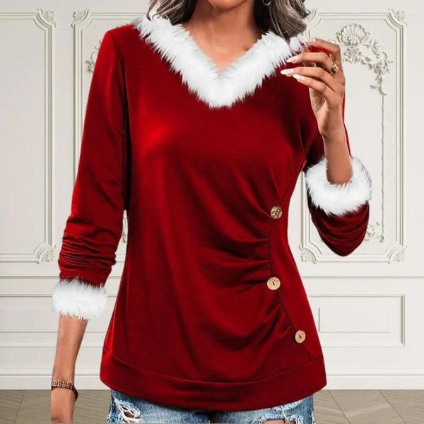 Blusas femininas Mulheres Natal Top Cor Correspondência V Pescoço Plissado Senhora Inverno T-shirt Grosso Solto Pulôver Manga Longa Queda