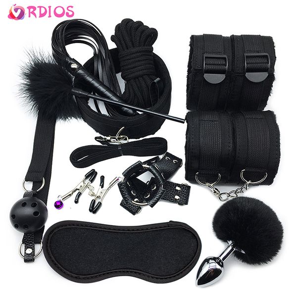 Giocattoli per adulti VRDIOS BDSM Sex Bondage Set Manette Bavaglio Frusta Morsetti per capezzoli Giocattolo erotico per donne Coppie Negozio Anale Butt Plug Coda 230411