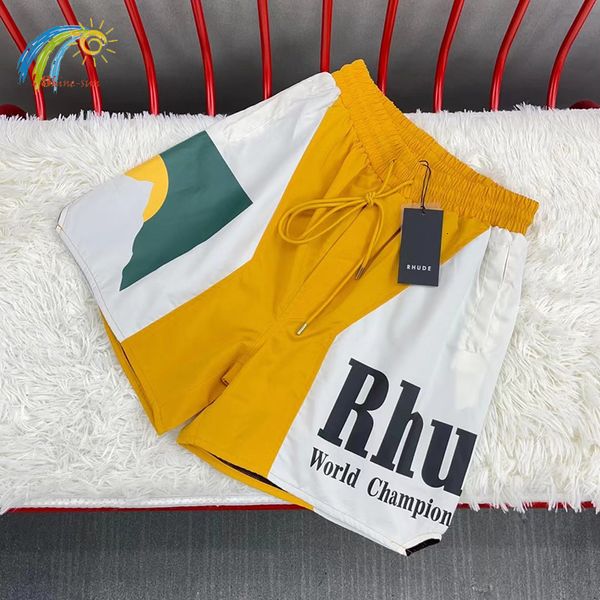 Pantaloncini da uomo 2023 Stile estivo Casual Colore giallo abbinato Stampa tramonto Rhude Uomo Donna 1 1 Interno Mesh RHUDE Pantaloni con coulisse 230410