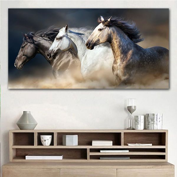 Canvas pintando três cavalo em preto e branco Running Modern sem moldura Posters de arte de parede Decoração de imagens para o escritório em casa sem quadro