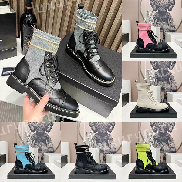 Novo estilo de luxo designers botas de tornozelo botas femininas moda colorida cabeça redonda sola grossa elevada elástica martin botas rendas até sapatos meias botas