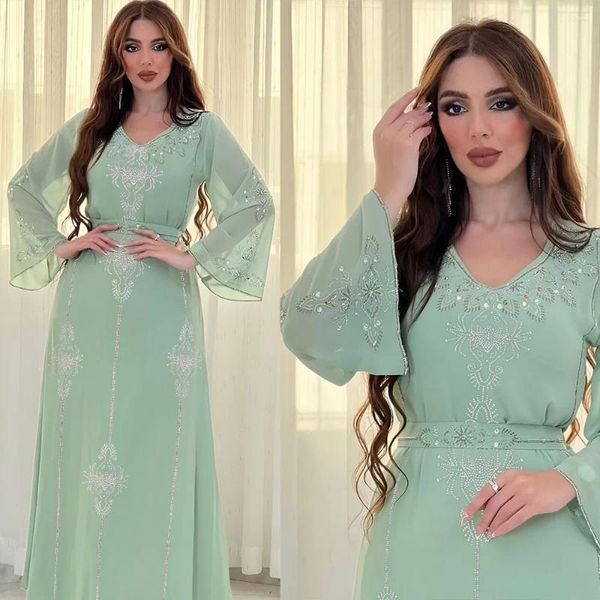 Abbigliamento etnico Chiffon Abiti musulmani con cintura Diamanti Abaya per le donne Elegante abito da sera con orlo diviso Abiti Jilbab Marocco Caftano