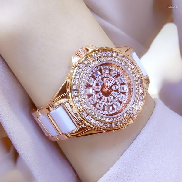 Relógios de punho de punho Relógios de pulso Vestido de ouro Banda de cerâmica de diamante Crystal relógio prateado Montre femme feminino bracelete feminino