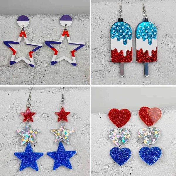 Dangle Chandelier New Independence Day Ohrringe American Flag Fivepointed Star Print Acryl Ice Cream USA Popsicle Ohrringe Wholesale Z0411