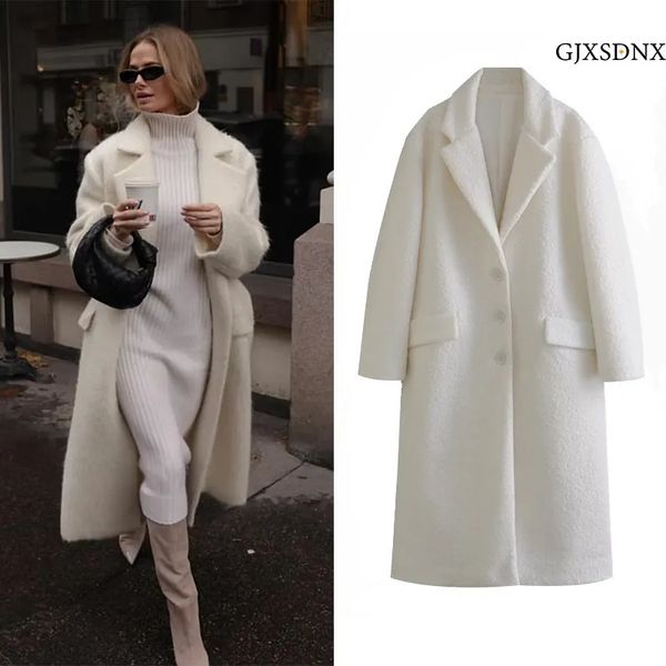 Misto lana da donna GJXSDNX TRAF Moda Autunno Inverno Cappotto lungo bianco Cappotto con risvolto caldo spesso morbido e soffice giacca ampia ed elegante 231110