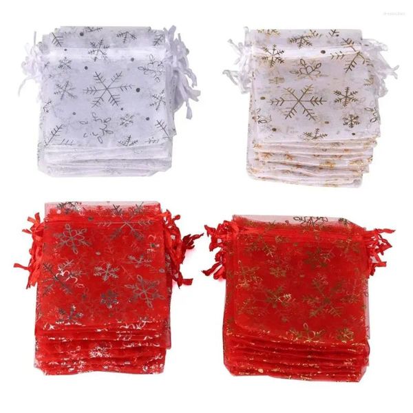 Decorações de natal 50 unidades / lote Sacos de joias de organza com cordão transparente para embalagem de presente bolsas com estampa de floco de neve doces