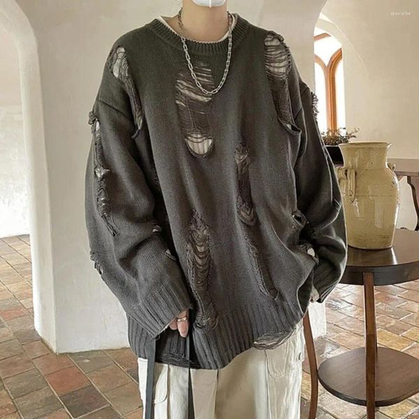 Maglioni da uomo Maglione reversibile con buco strappato ispirato all'hip hop con motivo scavato lavorato a maglia in tinta unita