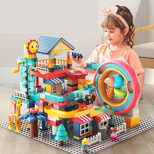 Blocos 297PCS Mármore Elétrico Roda Elevador Blocos de Construção Villa Playground Circulado Slide Track Brinquedos para Crianças Presente de Aniversário 231110