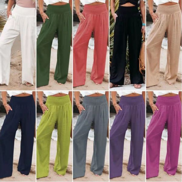 Women's Pants Summer High Waist Cotton Wide Leg Belt Pocket