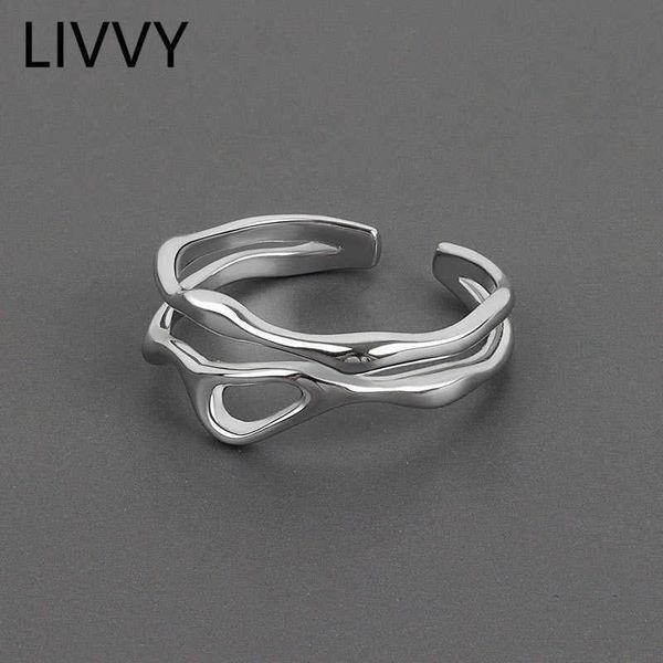 Ringas de banda Livvy color prateada irregular oca linha dupla anel geométrico feminino simples design exclusivo moda jóias ajustáveis ​​p230411