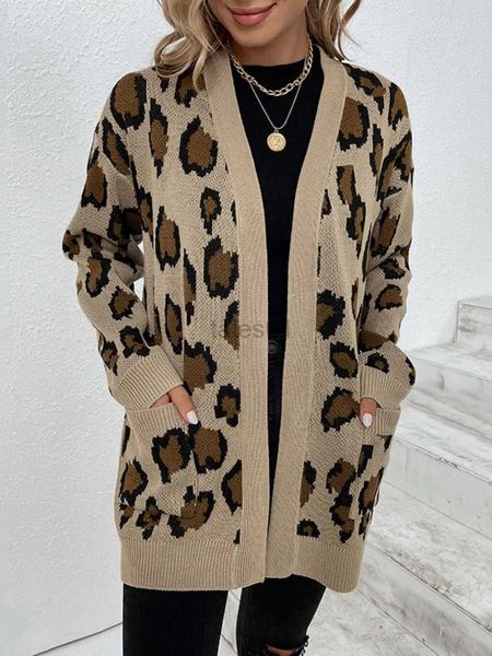 Женские свитера, новый осенне-зимний кардиган с леопардовым принтом, женский свитер большого размера, свободный зеленый толстый теплый вязаный кардиган для женщин 2023 zln231111