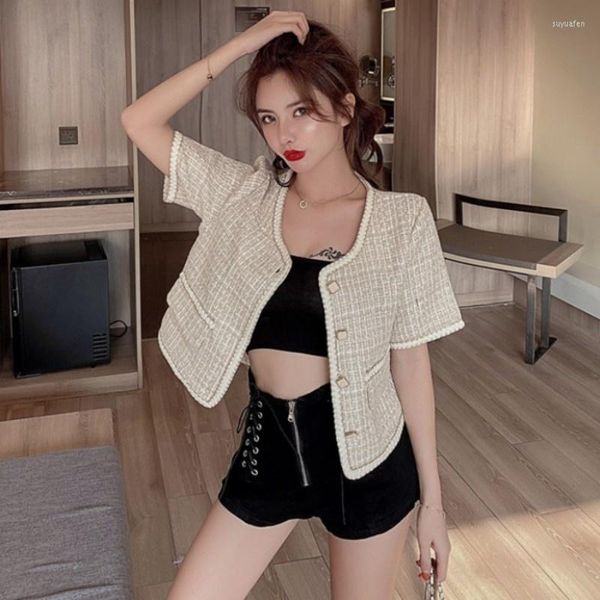 Jackets femininos Office Ladies Office Elegante Tweed Jacket Short Summer Slim Fit Sleeve Sleve O-Gobes Único casaco xadrez de peito feminino Casual