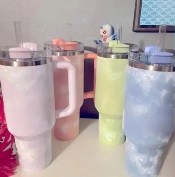 40oz Tumblers Quencher H2.0 Logotipo Rosa Azul Tie Dye 40oz Canecas Silicone Lidar com Tumblers Isolados Tampa Palha de Aço Inoxidável Café Termos Wisteria Cup por DHL Stock G1111