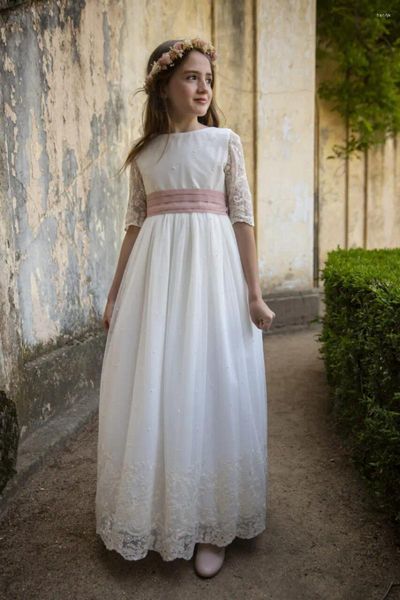 Kız Elbiseler Vintage Yarım Kollu Birinci Cemaat Elbise Fildişi Dantel Çiçek Yay Kanat Tül Uzun Çocuk Düğün Partisi Doğum Günü Vestido