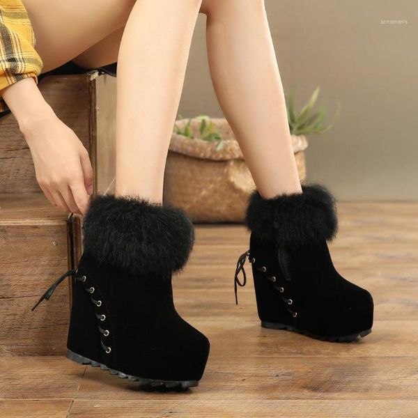 Botas inverno feminino grosso inferior cunha salto plataforma impermeável redonda cabeça lateral zíper mais veet curto