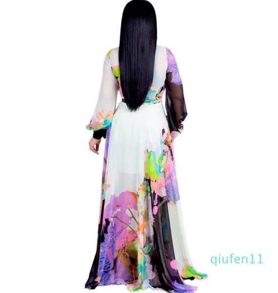 Женщины макси платье с цветочным принтом плюс размером с длинные рукава v Шифоно
