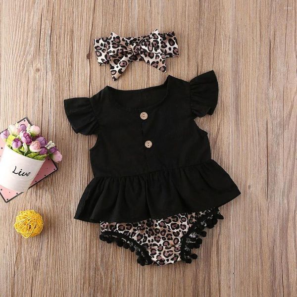 Roupas Conjuntos de 3pcs Toddler Kids Leopard Roupfits Summer Baby Girls Crops Tops Tassel Shorts Conjunto de banda para a cabeça 0-24M