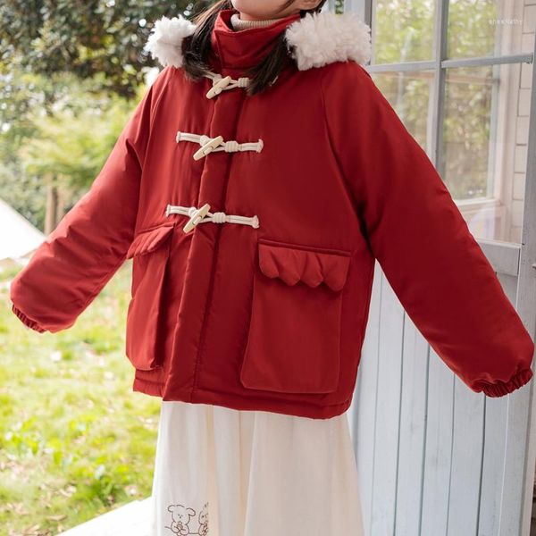 Trench da donna Studentessa Vacanze di Natale Cappotto rosso Moda invernale Giacca con fibbia in corno Spessa e calda Pane di cotone Kawaii Parka con cappuccio