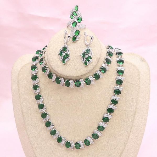 Halskette Ohrringe Set Silberfarbe für Frauen Grün Halbedel Brautring Armband GeschenkboxOhrringe