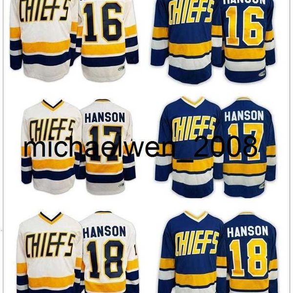 Weng Mens #1 Denis Lemieux Charlestown Chiefs Jersey #3 Dave Killer #7 Dunlop 16 17 18 Hanson Slap Shot Movie Hockey Trikots genähtes Weiß Blau