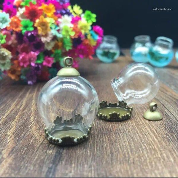 Colares de pingente 20set/lote 20 15mm globo de vidro antigo bronze coroa base tampa frasco garrafa orb capa cúpula colar