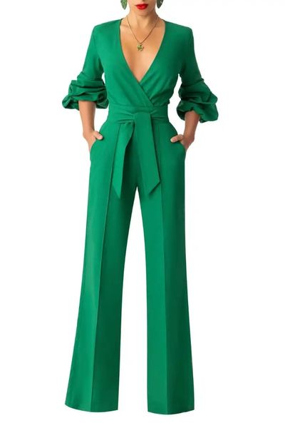 Verde mãe da noiva calças ternos macacões feminino manga longa formal festa de formatura noite wear com cinto