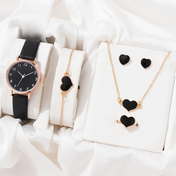Наручные часы, комплект из 5 шт., женские часы-браслет, часы для девочек, модные кожаные женские кварцевые наручные часы, повседневные женские часы