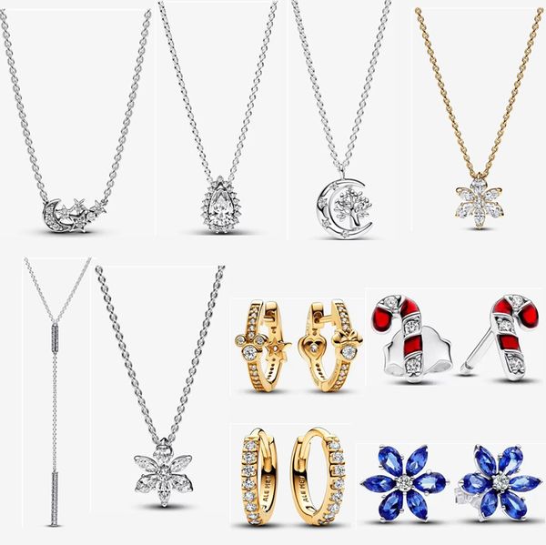 Designer-Halskette der neuen Serie für Frauen, DIY-Passform für Pandoras, dreifacher Stein-Herz-Anhänger, Halskette, Ohrringe, Neujahr, Weihnachten, Hochzeit, Verlobung, Schmuck, Geschenk mit Box