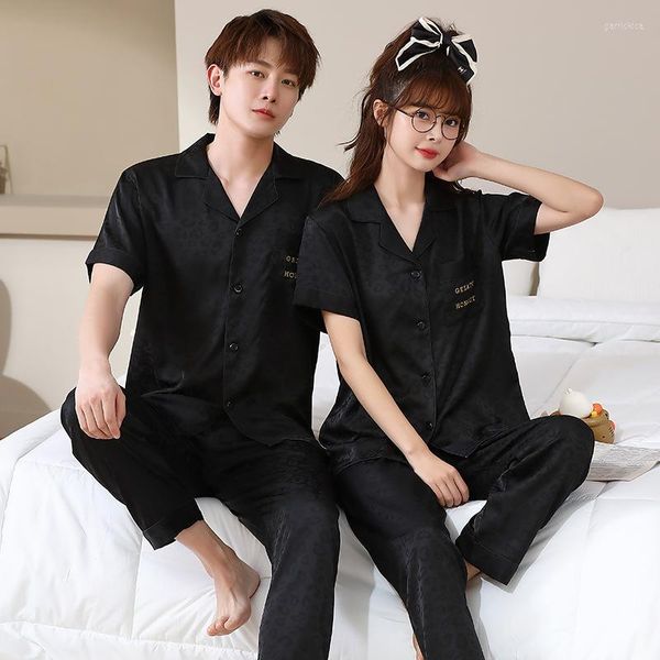 Herren Nachtwäsche Sommer Damen Mne Kurzarm Hemd Hose Paar Leopard Jacquard Satin Rayon Pyjama Sets Homewear