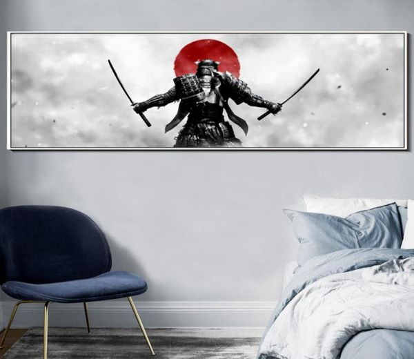 Nero Bianco Rosso Samurai giapponese Tela Pianting Grande astratto Ukiyo Warriors Wall Art Lungo banner Poster su tela per soggiorno 1929572