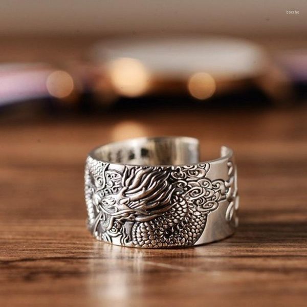 Ringos de cluster Sterling Silver Ring Fine Luck Bless Dragon Style Band 13mmw Tamanho aberto Presente para adulto