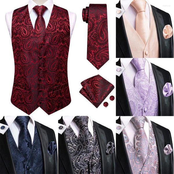 Мужские жилеты Hi-Tie, красные шелковые мужские классические жаккардовые носовые платки с узором пейсли, запонки, галстук, жилет без рукавов, комплект, свадебный бизнес-подарок