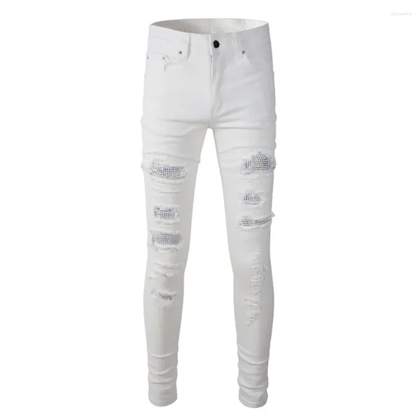 Jeans masculinos designer denim casual diamante inlay harajuku retro algodão festa emenda buracos hip hop calças jean branco moda