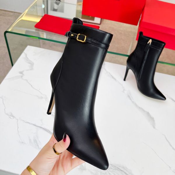 Novas mulheres TAN-GO marca joelho botas de luxo designer clássico metal carta v-fivela apontou salto fino botas de pele carneiro interior zíper moda senhoras tornozelo bota