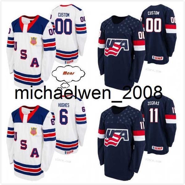 Weng passen Männer Frauen Kinder #6 Jack Hughes S-6xl Trevor Zegras Jersey USA U18 Team 2021 Bisteel All American Game Home White Navy Away Jersey