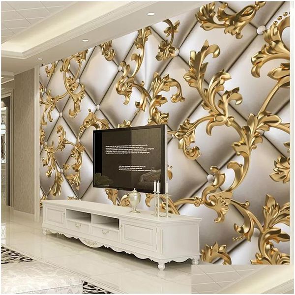 Wallpapers personalizado mural papel de parede 3d pacote macio padrão dourado estilo europeu sala de estar tv fundo papéis de parede decoração de casa flo dhxon