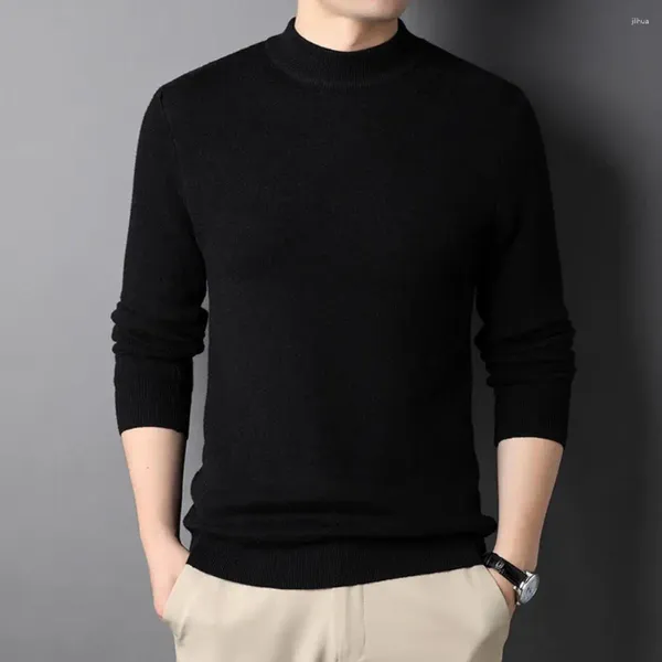 Suéter masculino com bainha canelada, camisa de fundo de inverno meia gola alta de malha quente slim fit pulôver para outono/inverno macio